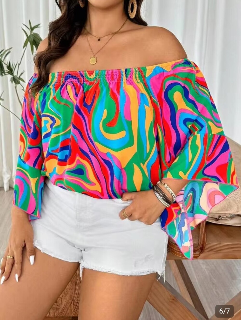 SHEIN Curve Multicolor Psychedelic Off-Shoulder Top Size 2 Xl Nwot